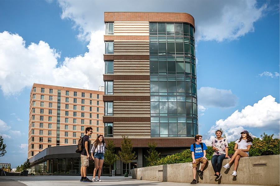 View of students outside residence halls.